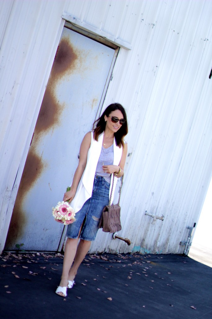 white vest, denim skirt, spring street style 