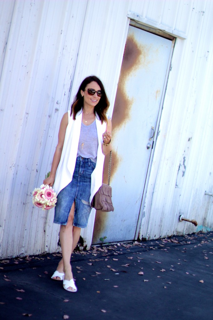 white vest, denim skirt 