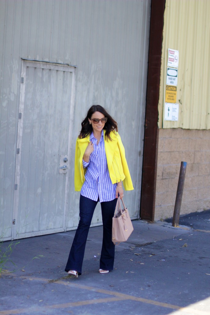 flared jeans, striped boyfriend shirt, itsy bitsy indulgences 