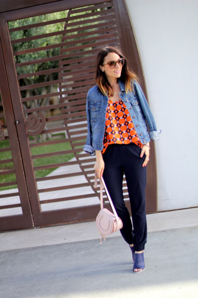 orange top, navy tack pants, itsy bitsy indulgences 