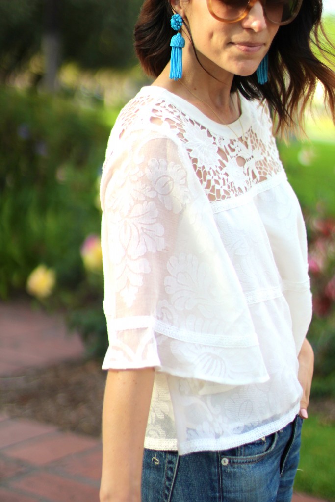 white lace top // turquoise beaded earrings // itsy bitsy indulgences 