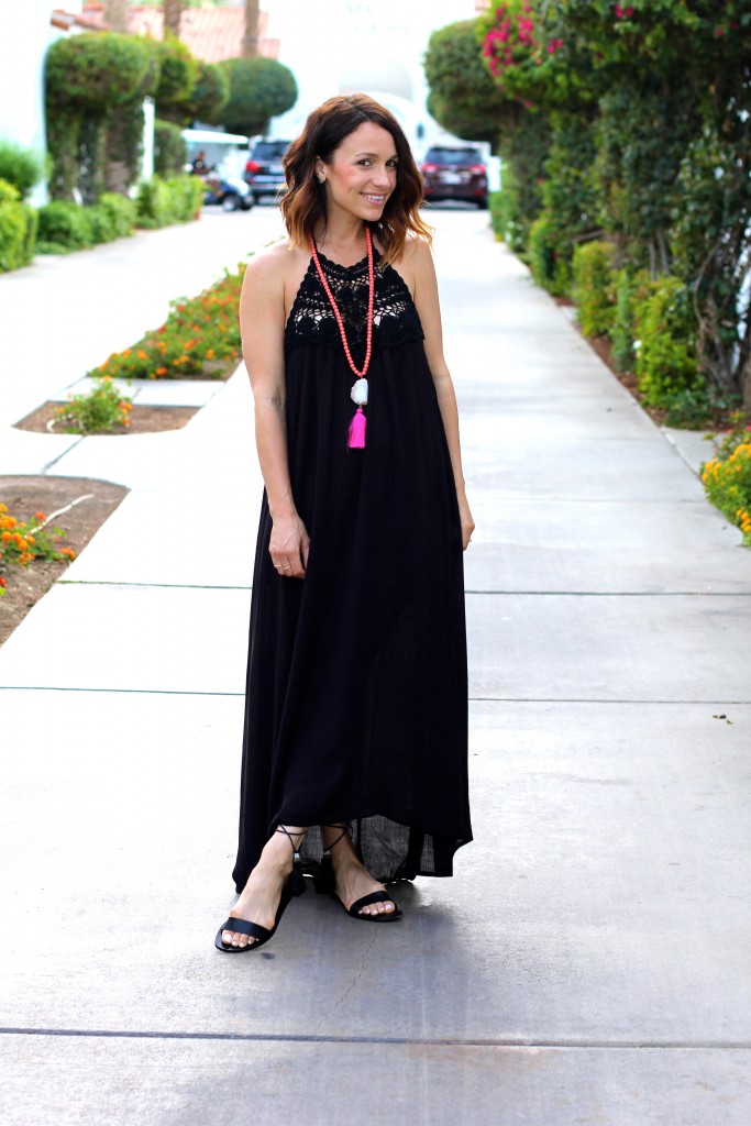 crochet black maxi dress, pink tassel necklace, itsy bitsy indulgences 