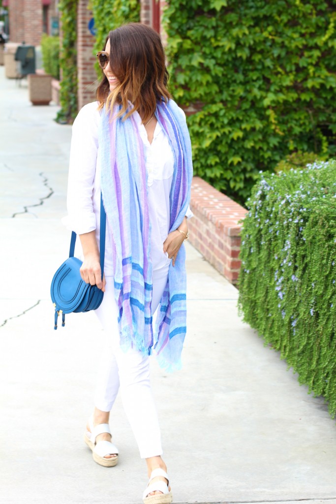 all white outfit, blue chloe marcie bag, itsy bitsy indulgences 