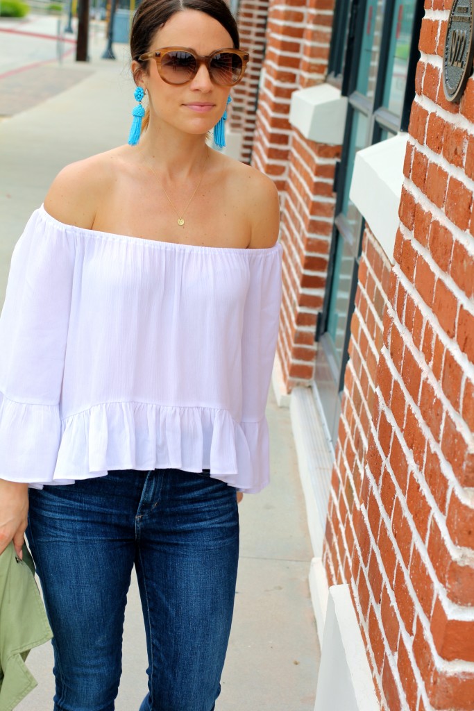 white top, turquoise earrings, itsy bitsy indulgences 