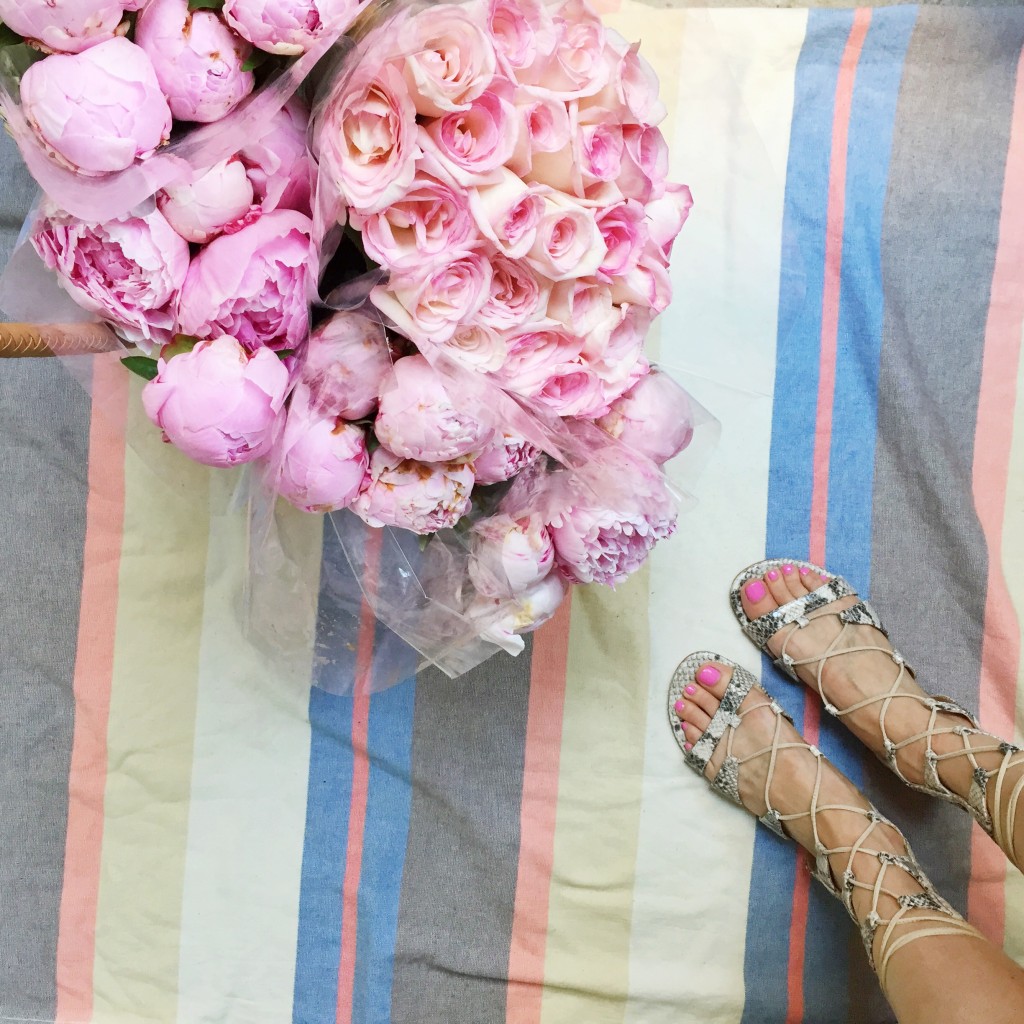 gladiator sandals, pink peonies, itsy bitsy indulgences 