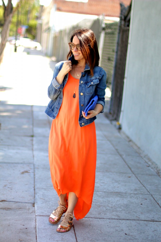 orange maxi dress, denim jacket, itsy bitsy indulgences 