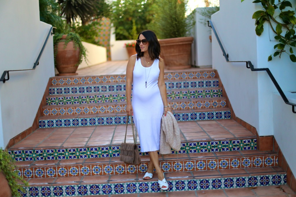 white midi dress, pregnancy style, itsy bitsy indulgences