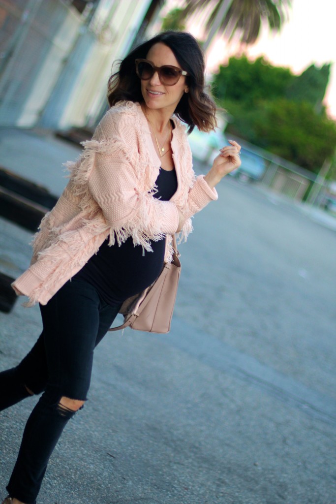 pregnancy style, pink fringe jacket, itsy bitsy indulgences 