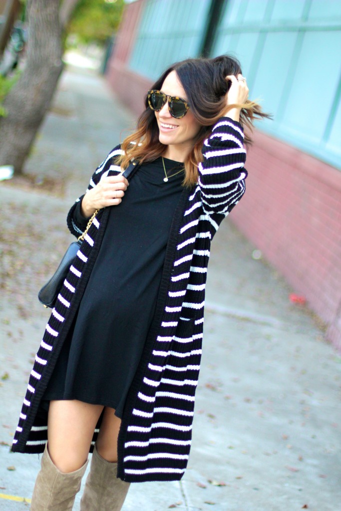 baby bump style, black and white cardigan 