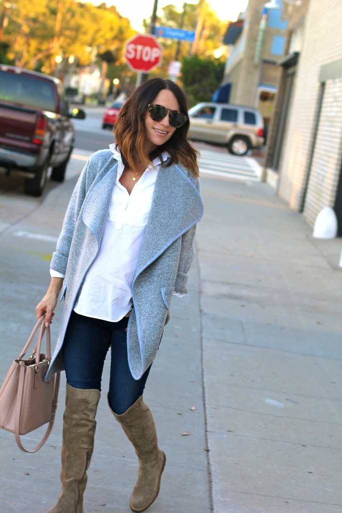 cozy grey coat, suede over the knee boots, itsy bitsy indulgences 