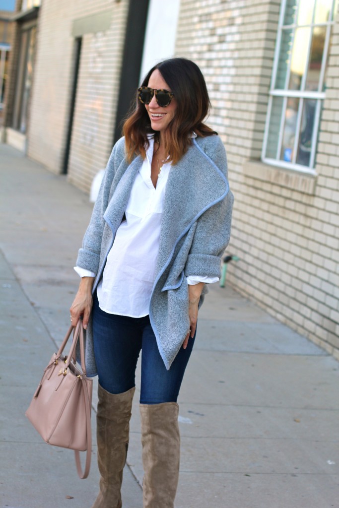 grey coat, tan over the knee boots, itsy bitsy indulgences 