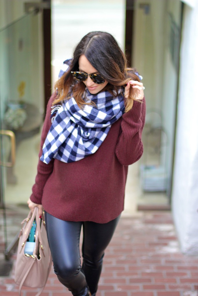 plaid scarf, burgundy oversized sweater, itsy bitsy indulgences