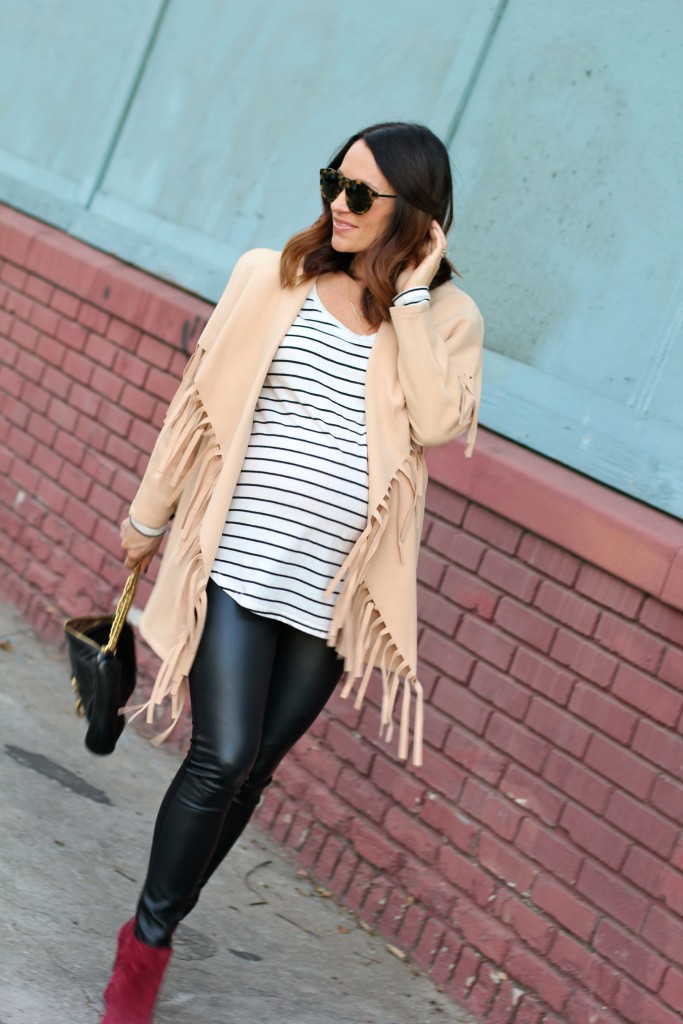 pregnancy style, fringe coat, itsy bitsy indulgences 