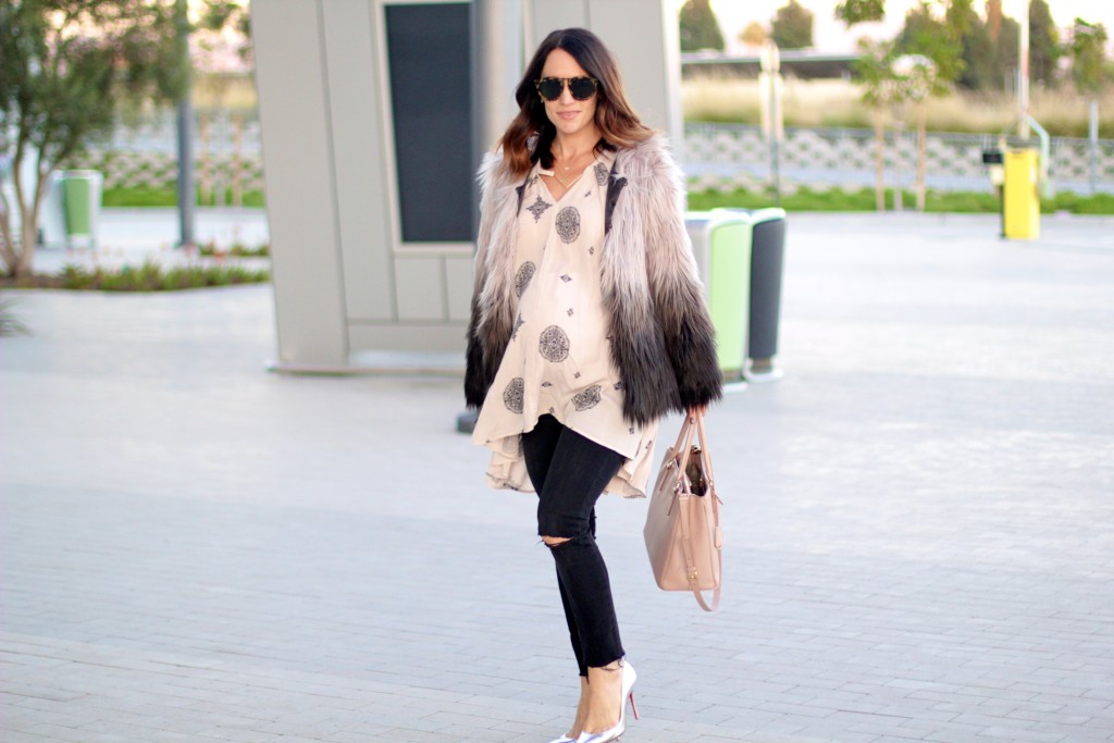 faux fur jacket, pregnancy style, itsy bitsy indulgences 