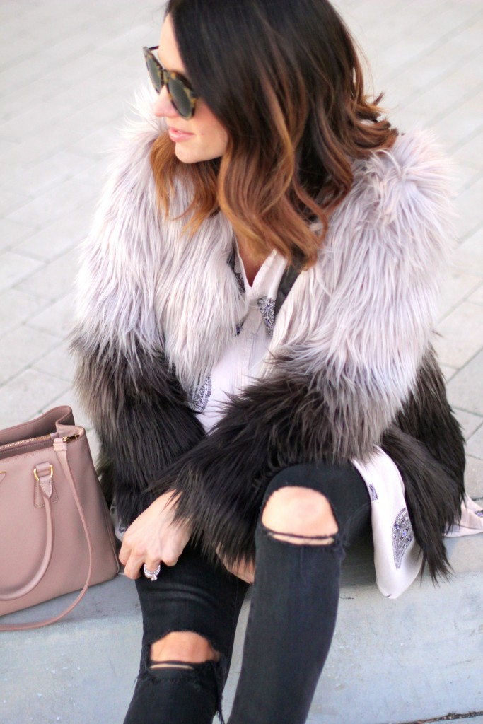 black distressed denim, faux two toned fur coat, itsy bitsy indulgences 