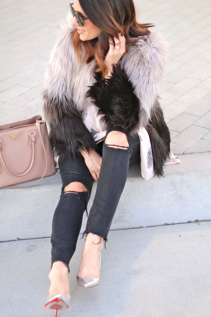 black distressed denim, faux fur coat, itsy bitsy indulgences 