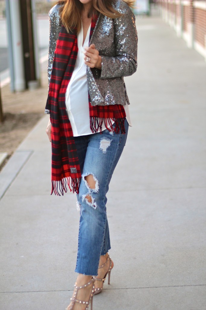 distressed denim with sequin blazer, baby bump style, itsy bitsy indulgences 