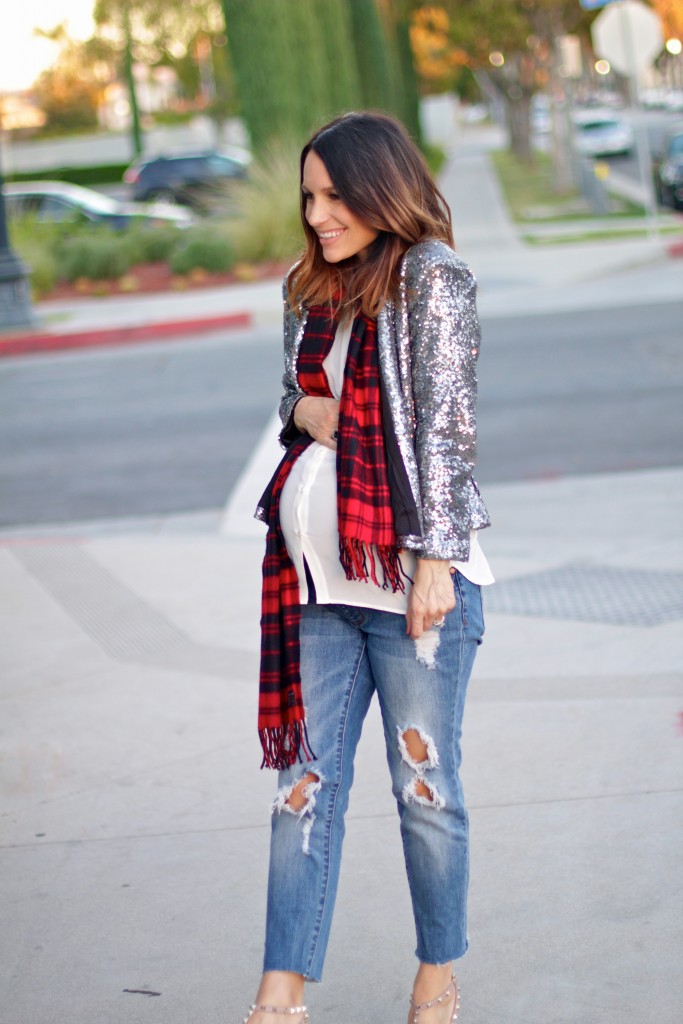 pregnancy style holiday look, sequin blazer, itsy bitsy indulgences 