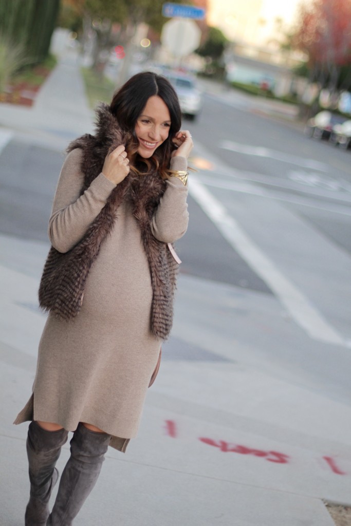 pregnancy style, faux fur vest, itsy bitsy indulgences 