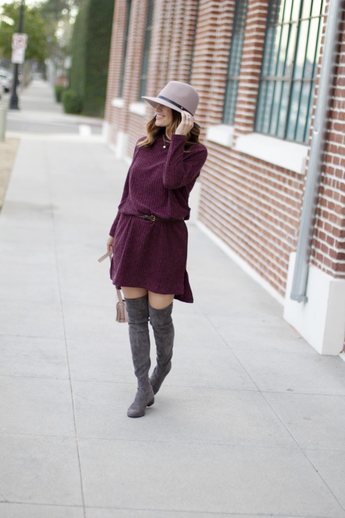 burgundy shirtdress, over the knee boots, itsy bitsy indulgences 