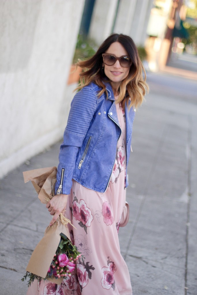 floral dress, blue leather jacket, itsy bitsy indulgences 