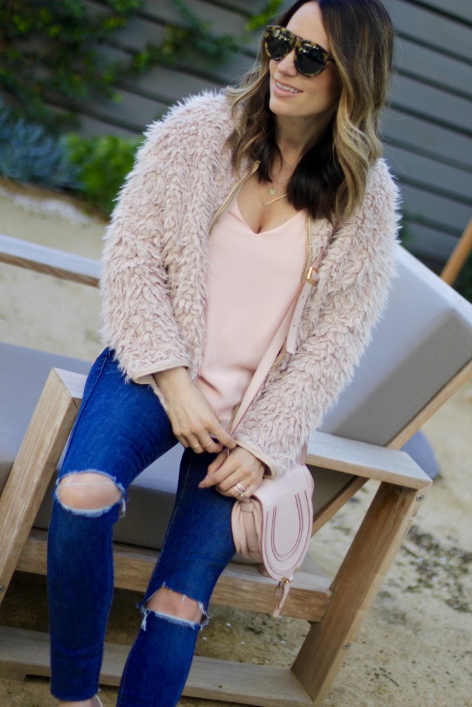 pink fur coat, distressed denim, itsy bitsy indulgences 