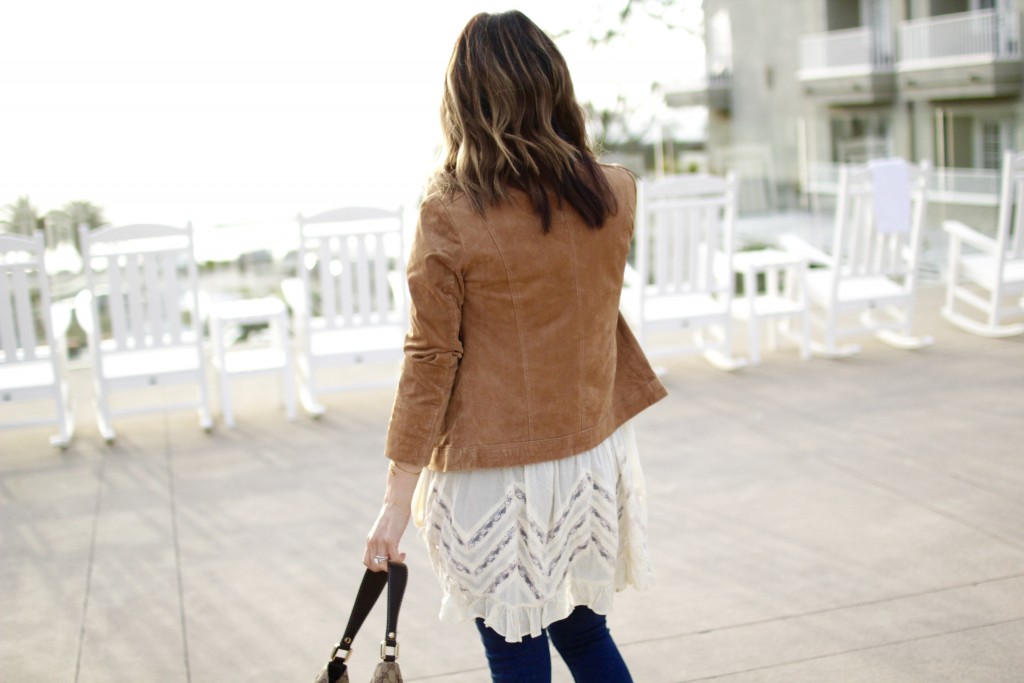 suede jacket, lace top, itsy bitsy indulgences 