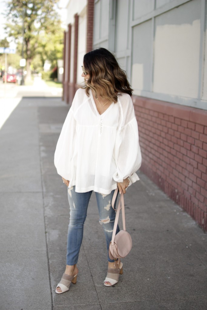 white jeans distressed top, itsy bitsy indulgences 