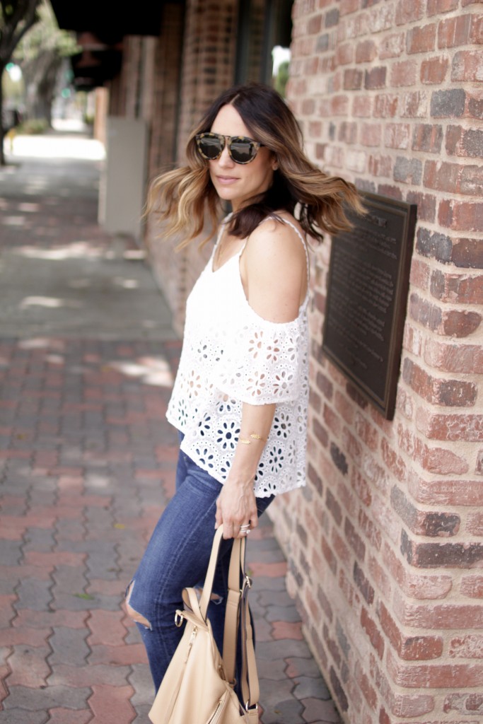 white lace off the shoulder top, itsy bitsy indulgences