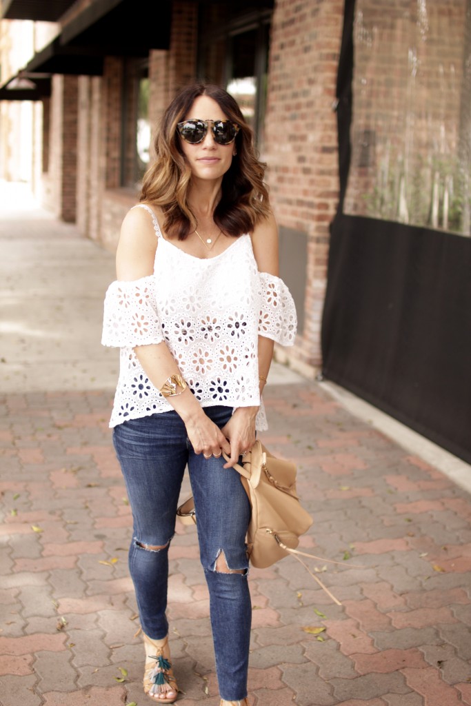 white lace off the shoulder top, itsy bitsy indulgences