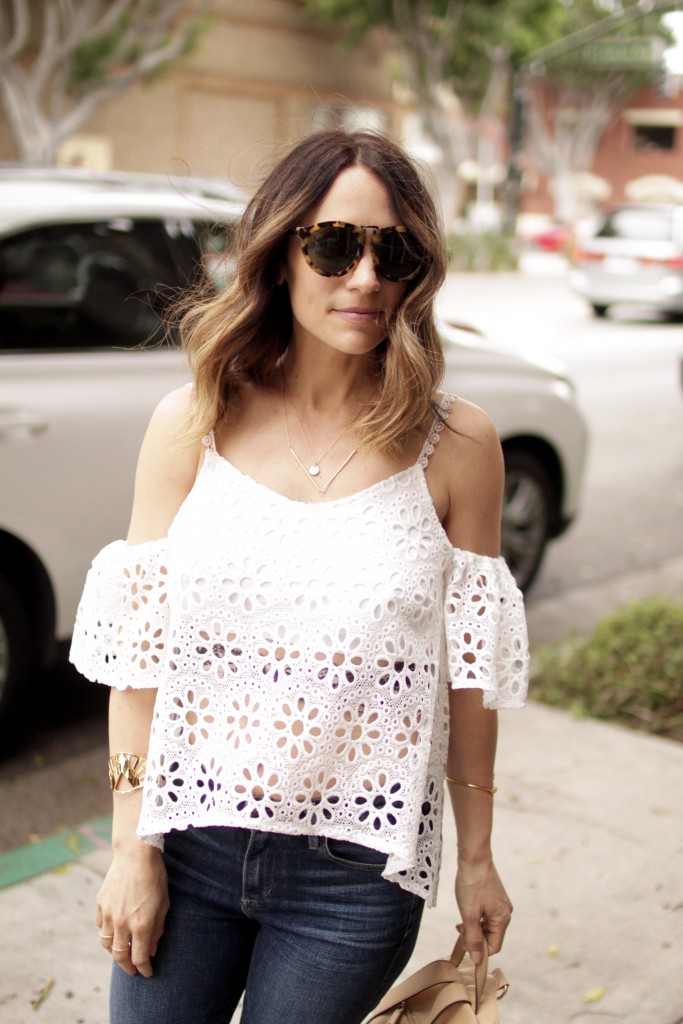 white lace off the shoulder top, itsy bitsy indulgences