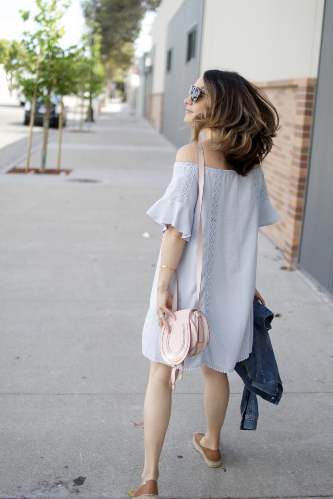 blue off the shoulder dress, itsy bitsy indulgences 