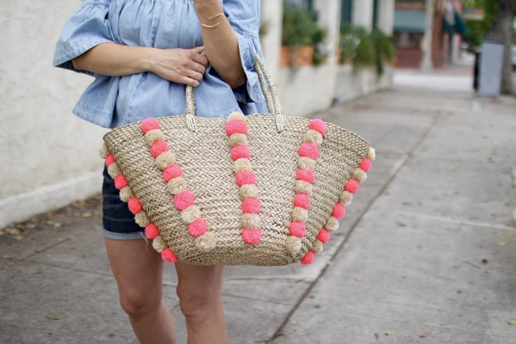 pom pom straw tote, itsy bitsy indulgences 