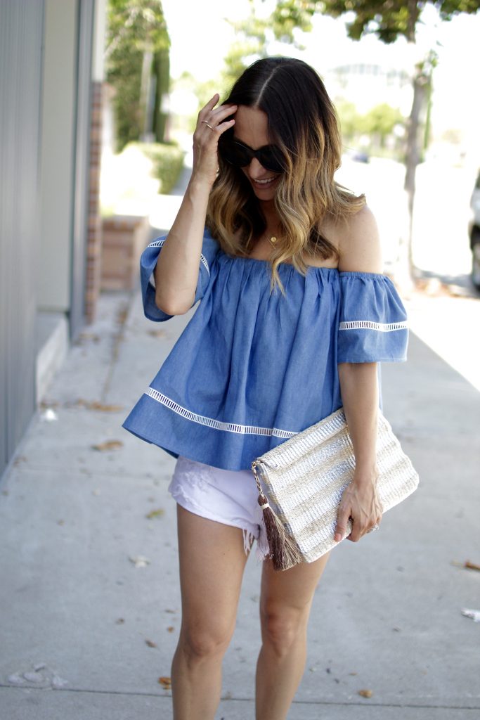 chambray off the shoulder, itsy bitsy indulgences 