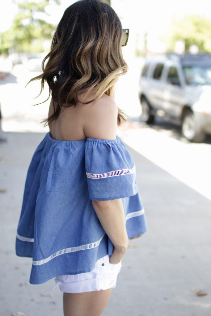 chambray off the shoulder, itsy bitsy indulgences 