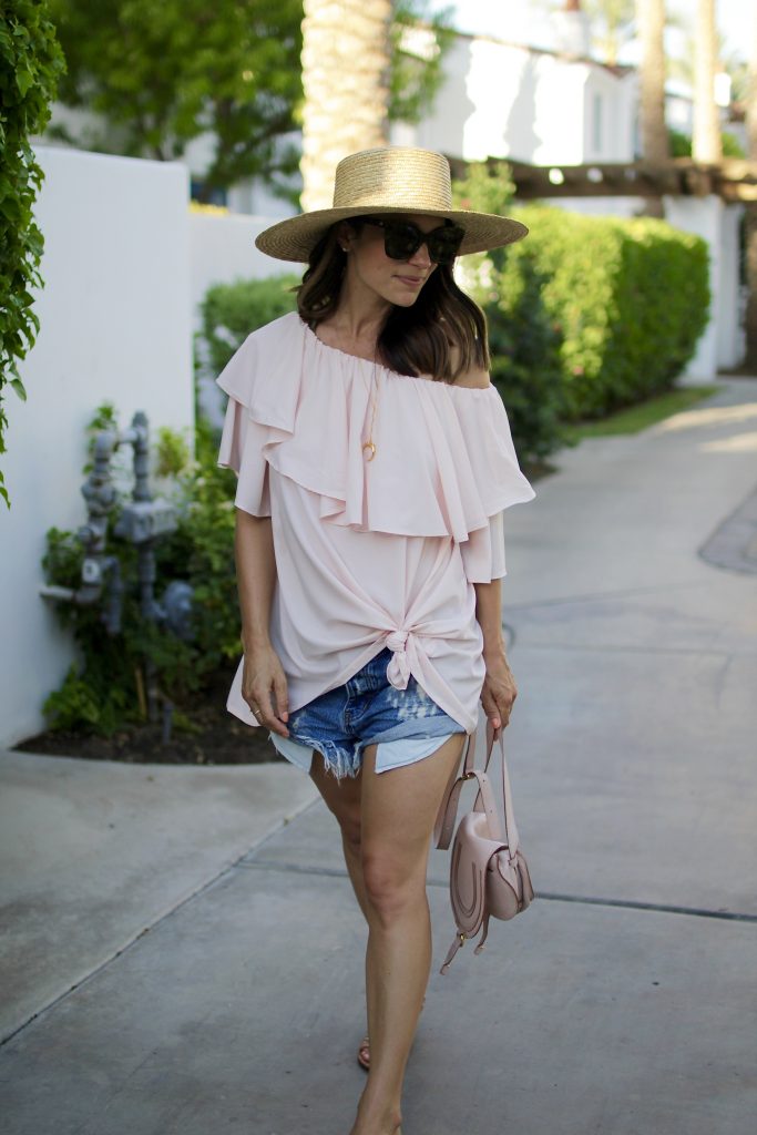 blush off the shoulder top, itsy bitsy indulgences 