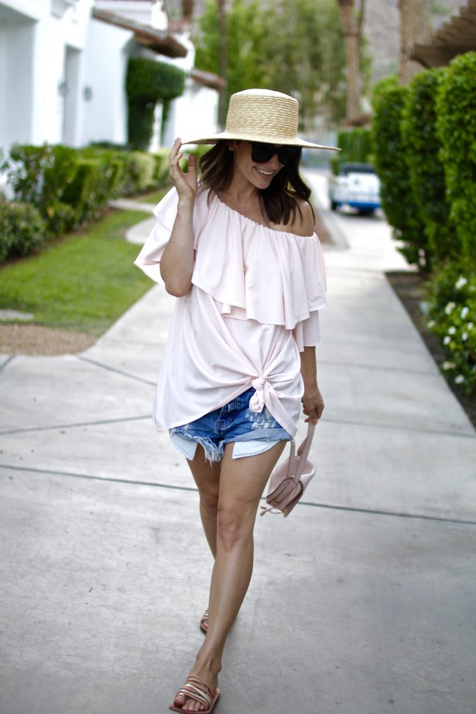 blush off the shoulder top, itsy bitsy indulgences 