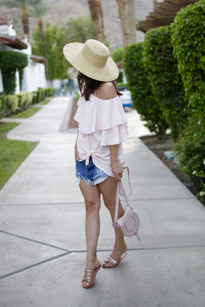 blush off the shoulder top, itsy bitsy indulgences 