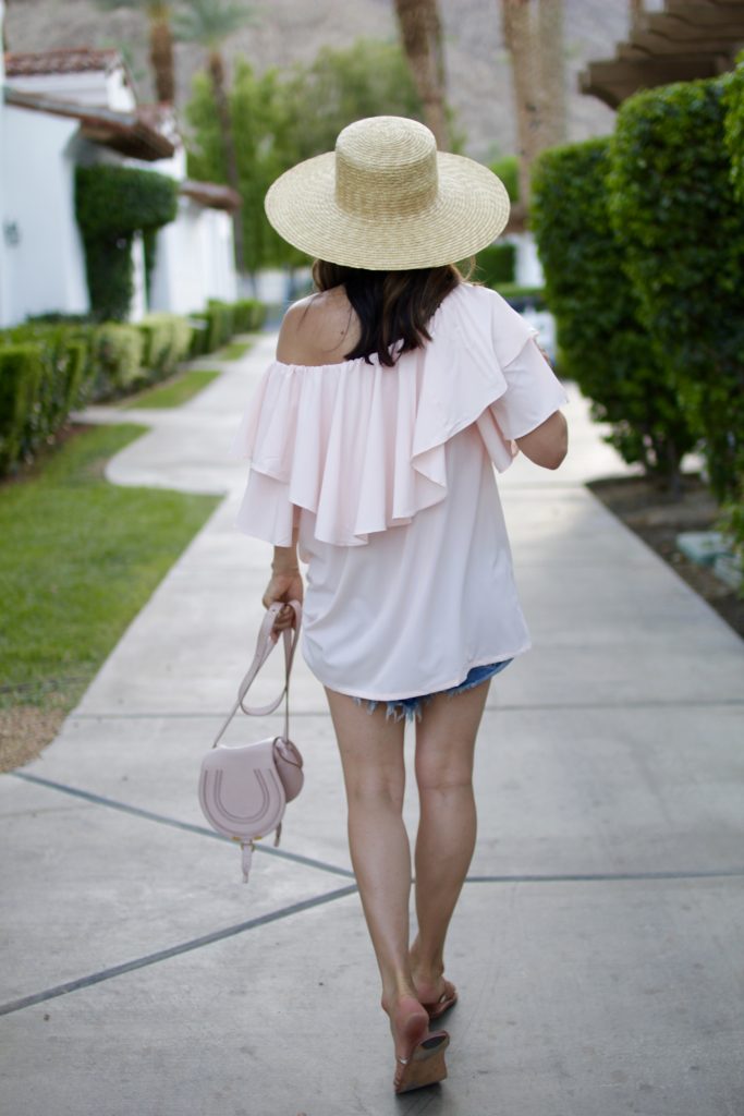 blush off the shoulder top, itsy bitsy indulgences 