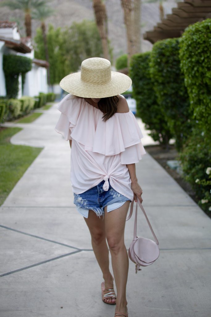 blush off the shoulder top, itsy bitsy indulgences 