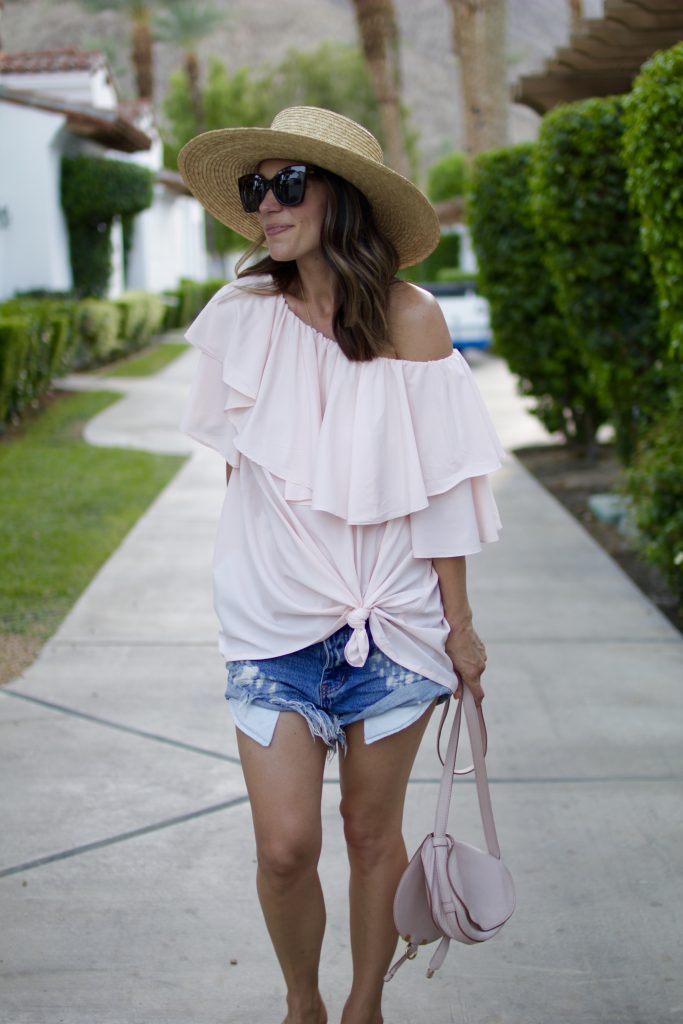 blush off the shoulder top, itsy bitsy indulgences 