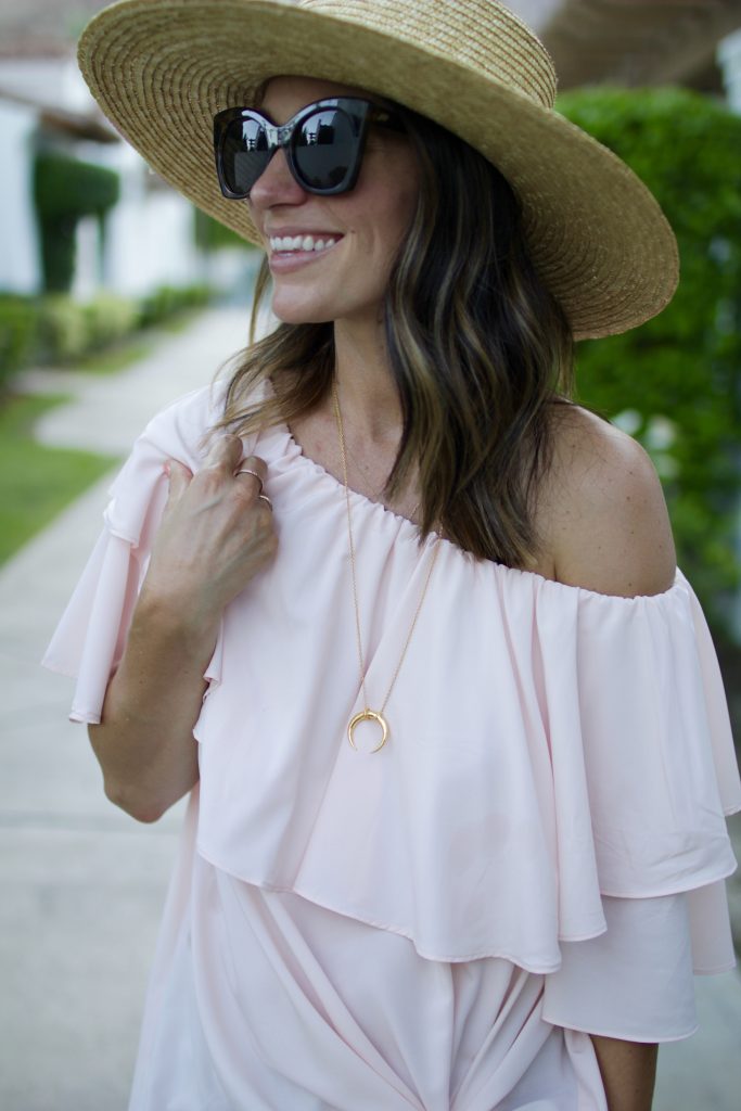 blush off the shoulder top, itsy bitsy indulgences 