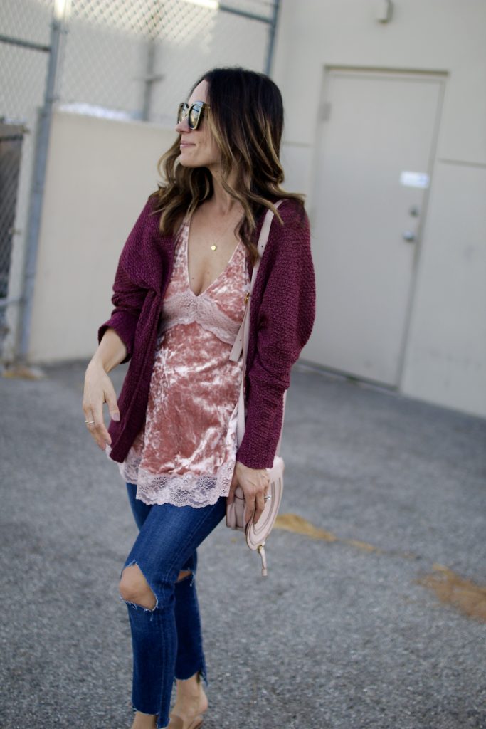 velvet cami and chunky knit, itsy bitsy indulgences 