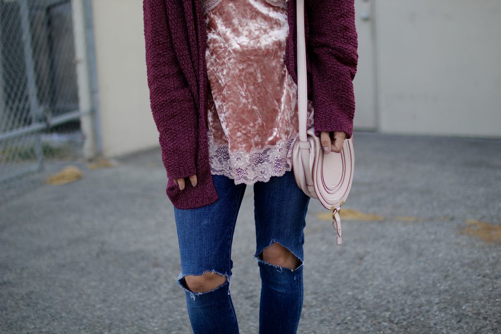 velvet + chunky cardigan, itsy bitsy indulgences 