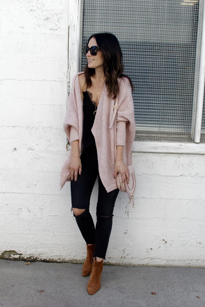 all black with pink cardigan, itsy bitsy indulgences 