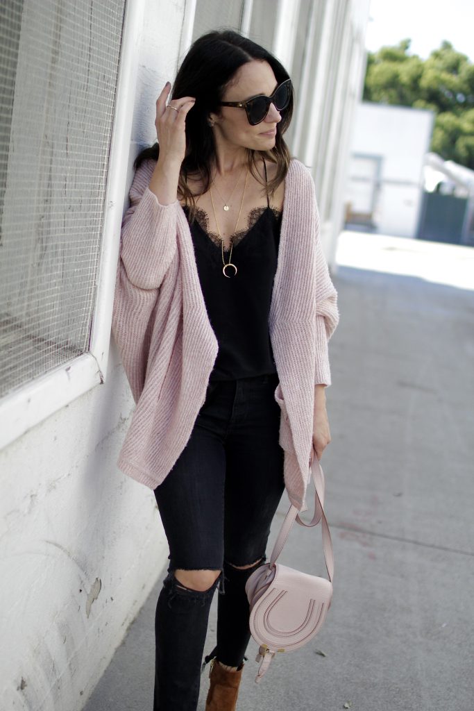 all black with pink cardigan, itsy bitsy indulgences 