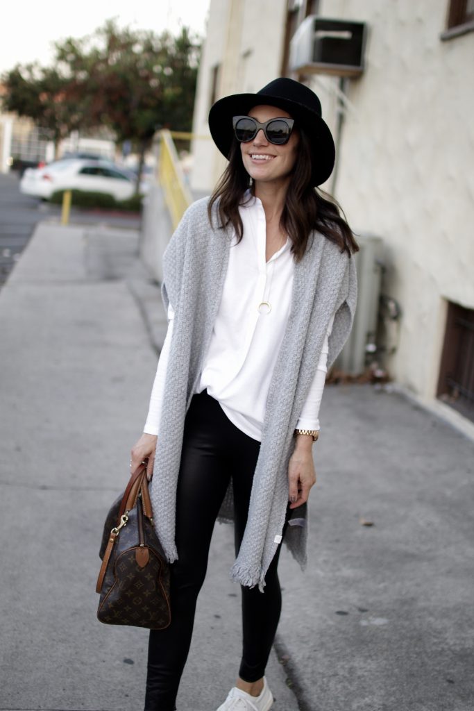 knit poncho + leather leggings, itsy bitsy indulgences 