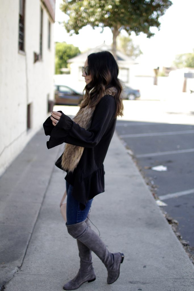 thanksgiving outfit ideas, over the knee boots + ruffle hem blouse, itsy bitsy indulgences 