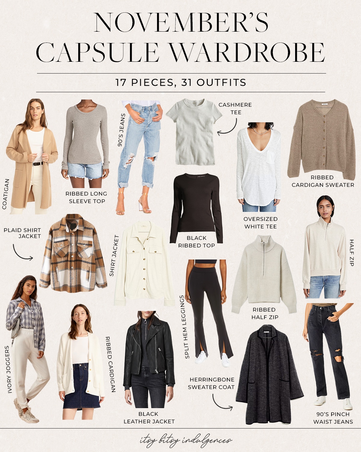 November's Capsule Wardrobe || 17 Items, 33 Outfits - Itsy Bitsy ...