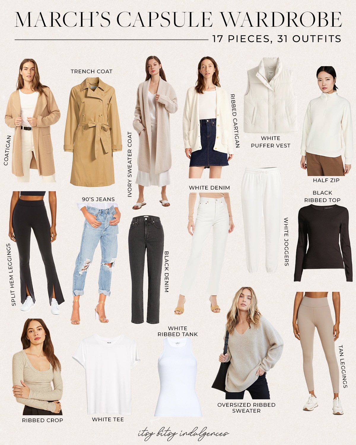 Itsy Bitsy IndulgencesMarch’s Capsule Wardrobe || 17 Pieces, 31 Outfits